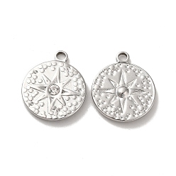 Нержавеющая Сталь Цвет 304 подвески из нержавеющей стали, с кристально горный хрусталь, плоский круглый со звездными подвесками, цвет нержавеющей стали, 21.5x18x3 мм, отверстие : 2 мм
