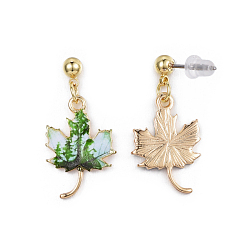 Green Autumn Theme Alloy Dangle Stud Earrings, with Enamel, Eco-Friendly Stainless Steel Pins and Ear Nuts, Printed, Maple Leaf, Green, 27.5x13.5mm, Pin: 0.7mm