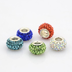 Mixed Color Resin Rhinestone European Beads, Grade A, Large Hole Rondelle Beads, with Silver Tone Brass Double Cores, Mixed Color, 12x9mm, Hole: 4mm