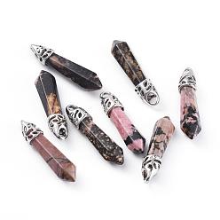 Rhodonite Natural Rhodonite Pointed Pendants, with Platinum Tone Alloy Findings, Bullet, 33~40x8~9x8~9mm, Hole: 3x4mm