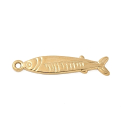 Real 18K Gold Plated 304 Stainless Steel Sardine Fish Pendants, Marine Animal Charms, Ion Plating(IP), Real 18K Gold Plated, 34.5x7x2mm, Hole: 1.6mm