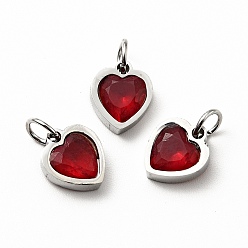 Dark Red 304 Stainless Steel Pendants, with Cubic Zirconia and Jump Rings, Single Stone Charms, Heart, Stainless Steel Color, Dark Red, 9x8x3mm, Hole: 3.6mm