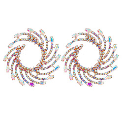 Crystal AB Sparkling Rhinestone Vortex Stud Earrings, Golden Alloy Jewelry for Women, Crystal AB, 63x62mm