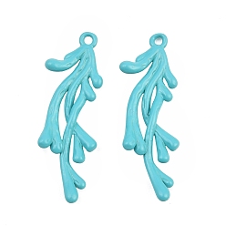 Blue Brass Enamel Pendants, Coral Charms, Rack Plating, Long-Lasting Plated, Lead Free & Cadmium Free, Blue, 32x10x3mm, Hole: 1.5mm