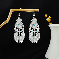 Платина Серьги-люстры из сплава в богемном стиле с плетеными перьями, украшения для женщин, платина, 75x18 мм