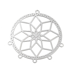 Stainless Steel Color 201 Stainless Steel Chandelier Component Links, Etched Metal Embellishments, Flat Round with Flower Connectors, Stainless Steel Color, 45x43x0.3mm, Hole: 2mm