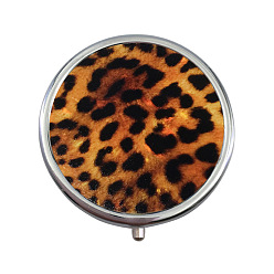 Others Portable Stainless Steel Pill Box, with Shell and Mirror, 3 Grids Multi-use Travel Storage Boxes, Flat Round, Leopard Print, 5x1.4cm