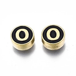 Letter O Alloy Enamel Beads, Cadmium Free & Lead Free, Light Gold, Flat Round with Alphabet, Black, Letter.O, 8x4mm, Hole: 1.5mm