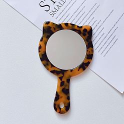 leopard print Cute Cat Portable Makeup Mirror with Handle and Retro Acetic Acid Marble Pattern