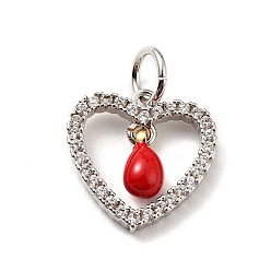 Red Rack Plating Brass Micro Pave Cubic Zirconia Pendants, with Enamel and Jump Ring, Long-Lasting Plated, Platinum, Heart, Cadmium Free & Nickel Free & Lead Free, Red, 12.5x12x1.5~3mm, Jump Ring: 5x0.7mm, Hole: 3.4mm