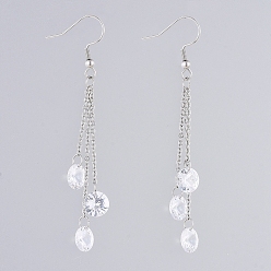 White 304 Stainless Steel Dangle Earrings, Cable Chains, with Cubic Zirconia Charms, White, 73mm, Pin: 0.6mm