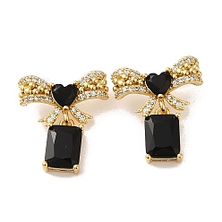 Black Rack Plating Real 18K Gold Plated Brass Bowknot with Rectangle Dangle Stud Earrings, with Cubic Zirconia and Rhinestone, Long-Lasting Plated, Lead Free & Cadmium Free, Black, 20.5x18.5mm