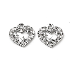 Real Platinum Plated Brass Micro Pave Clear Cubic Zirconia Charms, Heart with Star, Real Platinum Plated, 11.5x11.5x2mm, Hole: 1.2mm