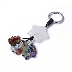 Quartz Crystal Natural Quartz Crystal Star with Mixed Gemstone Chips Beaded Tassel Keychains, with 304 Stainless Steel Ring Clasps, 9.5~10cm