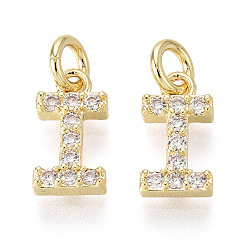 Letter I Латунные микропаве прозрачные кубические циркониевые подвески, с прыжковых колец, реальный 18 k позолоченный, без кадмия, без никеля и без свинца, Буква "i", 11x6x2.5 мм, отверстие : 3 мм