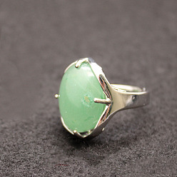 Green Aventurine Oval Natural Green Aventurine Adjustable Ring, Platinum Alloy Jewelry for Women, Inner Diameter: 18mm