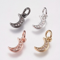 Mixed Color Brass Micro Pave Cubic Zirconia Charms, Moon, Mixed Color, 9x5x1mm, Hole: 3.5mm