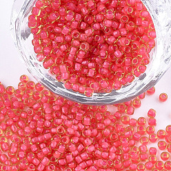 Deep Pink 12/0 Grade A Round Glass Seed Beads, Transparent Inside Colours, Deep Pink, 2x1.5mm, Hole: 0.7mm, about 48500pcs/pound