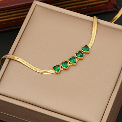 1# necklace Stylish Green Emerald Heart Necklace - Stainless Steel Collarbone Chain Jewelry N1053