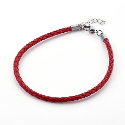FireBrick Braided Leather Cord Bracelet Making, with 304 Stainless Steel Lobster Claw Clasps and Extension Chain, Stainless Steel Color, FireBrick, 8-1/2 inch(21.5cm), 3mm