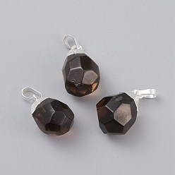 Smoky Quartz Natural Smoky Quartz Pendants, with Brass Bails, Faceted, Teardrop, Silver Color Plated, 19~21x12~14x11~15mm, Hole: 5x3mm