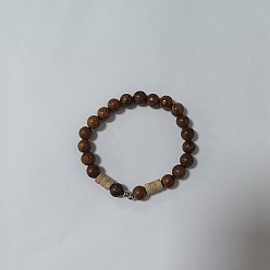 Coconut Brown Natural Wood & Fossil & 304 Stainless Steel Beaded Stretch Bracelet, Yoga Gemstone Jewelry for Men Women, Coconut Brown, Inner Diameter: 2 inch(5.2cm)