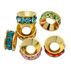 Mixed Color Brass Rhinestone Spacer Beads, Grade A, Rondelle, Golden Metal Color, Mixed Color, 9x4mm, Hole: 4mm