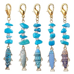 Mixed Color Alloy Enamel Pendant Decorations, with Zinc Alloy Lobster Claw Clasps and Synthetic Turquoise Beads, Fish, Mixed Color, 73mm