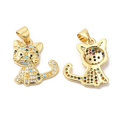 Real 16K Gold Plated Brass Micro Pave Cubic Zirconia Pendants, Cat Shape Charms, Real 16K Gold Plated, 18x15.5x3mm, Hole: 5mm