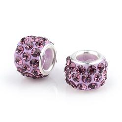 Light Amethyst Polymer Clay Rhinestone European Beads, Large Hole Beads, Rondelle, with Silver Color Plated Brass Cores, Light Amethyst, 10~12x7~8mm, Hole: 5mm