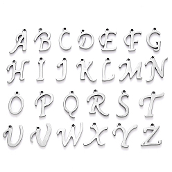 Letter A~Z 201 Stainless Steel Charms, Alphabet, Laser Cut, Stainless Steel Color, Letter A~Z, 10~14.5x4~14x1mm, Hole: 1mm, 26pcs/set.