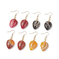 Mixed Color 4 Pairs 4 Color Natural Dyed Banded Agate/Striped Agate Teardrop Dangle Earrings, Brass Wire Wrap Drop Earrings for Women, Mixed Color, 50~50.5mm, Pin: 0.8mm, 1 Pair/color