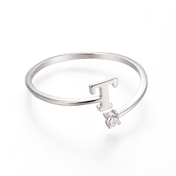 Letter T Rhodium Plated 925 Sterling Silver Cuff Rings, Open Rings, with Cubic Zirconia, Platinum, Clear, Letter.T, letter T: about 5x4.7x0.8mm, Size 7, 17mm