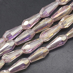 Pink Electroplate Glass Beads Strands, Faceted Teardrop, Pink, 9~9.5x4mm, Hole: 1mm, about 72pcs/strand, 25.98 inch