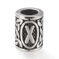 Antique Silver 304 Stainless Steel Beads, Viking Runes Beads for Hair Beards, Dreadlocks Hair Braiding, Column with Rune/Futhark/Futhorc, Antique Silver, 13.5x10mm, Hole: 6mm