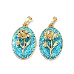 Темно-Голубой Стойки обшивки латунные подвески, с синтетическим опалом, долговечный, без свинца и без кадмия, реальный 18 k позолоченный, овал с цветком галсанга, глубокое синее небо, 25.5x16x4.5 мм, отверстие : 5.5x3 мм