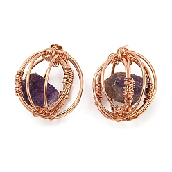 Amethyst Natural Amethyst Pendants, Ball Charms with Rack Plating Rose Gold Plated Brass Findings, Lead Free & Cadmium Free, 32.5~33.5x28.5~30.5x24~26.5mm, Hole: 8.5x5mm