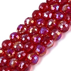Dark Red Transparent Glass Beads Strands, Round, Faceted(96 Facets), AB Color Plated, Dark Red, 8mm, Hole: 1~1.2mm, about 67~71pcs/strand, 19.29~20.87 inch(49~53cm)