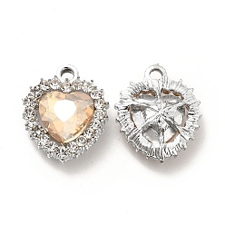 Bisque Alloy Glass Pendants, Crystal Rhinestone Heart Charm, Platinum, Bisque, 19x16x5.8mm, Hole: 2mm