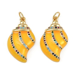 Желтый Латунные микро проложить кубического циркония подвески, форма спиральной оболочки, с эмалью, стойки покрытие, без свинца и без кадмия, долговечный, с целью перехода в кольце, реальный 18 k позолоченный, желтые, 26x15x5 мм, отверстие : 3 мм