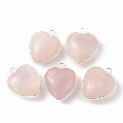 Rose Quartz Natural Rose Quartz Pendants, with Silver Color Plated Brass Findings, Heart Charms, 18~19x15~17x7~10mm, Hole: 2mm