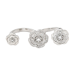 Platinum Brass Double Finger Rings, Open Cuff Rings, Cubic Zirconia Peony Flower Ring for Women, Platinum, 3mm, Inner Diameter: 16mm & 18mm