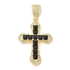Black Rack Plating Brass Pendants, Glass with Cubic Zirconia, Lead Free & Cadmium Free, Long-Lasting Real 18K Gold Plated, Cross, Black, 32.5x23x5mm, Hole: 4x2.5mm