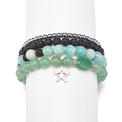 Green Aventurine 4Pcs 4 Style Natural Green Aventurine & Lava Rock & Synthetic Hematite Stretch Bracelets Set, Gemstone Jewelry with 304 Stainless Steel Star Charm for Women, Inner Diameter: 2~2-1/4 inch(5~57cm), 1Pc/style