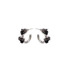 E2499-1 Dark Metal Crystal Earrings with Cool Design - Minimalist, Silver Needle, Zirconia.