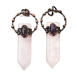 Розовый Кварц Большие подвески в форме меча из натурального розового кварца и аметиста, с медными кольцами, подвески из красной меди и латуни, 66~73x30~31x11.5~12 мм, отверстие : 6 мм