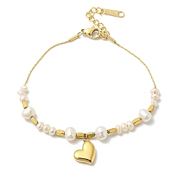 Real 14K Gold Plated Ion Plating(IP) 304 Stainless Steel Heart Charms Bracelets, Natural Pearl Bead Bracelets for Women, Real 14K Gold Plated, 7-1/8 inch(18.2cm)