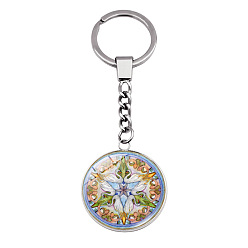 Colorful Mandala Flower Pattern Time Cabochon Glass Half Round Keychain, with Alloy Ring, for Men Women Gift, Colorful, 10.5cm