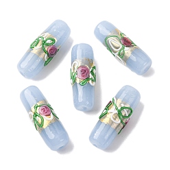 Светло-Синий Handmade стеклянные бусины фольги, колонна с цветком розы, голубой, 29~30x10~10.5 мм, отверстие : 1.4 мм