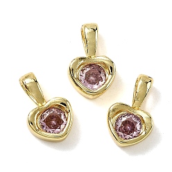 Pink Сердце латунные микро проложить кубического циркония прелести, стойки покрытие, долговечный, без кадмия и без свинца, золотые, розовые, 11.5x7.5x3.5 мм, отверстие : 4x2.5 мм